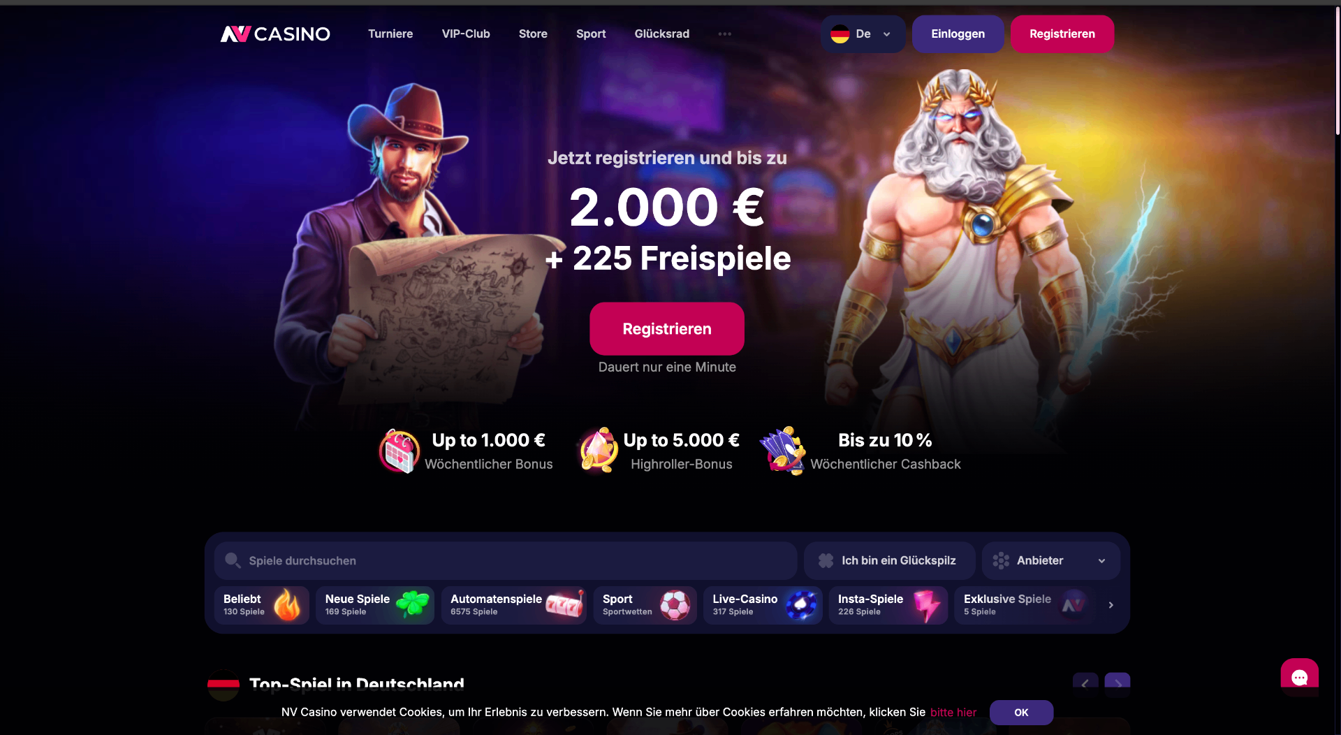 Screenshot der NV Casino Webseite